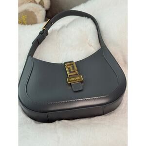 🖤 Versace Small Hobo Calf Leather Bag – Charcoal with Gold-Tone Hardware 🖤